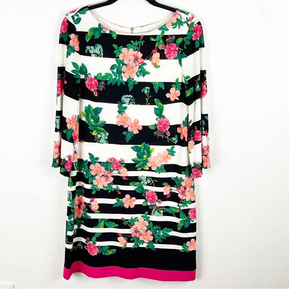 ELIZA J Floral Striped 3/4 Sleeves Lined Back Zipper Dress 10 Brunch Wedding